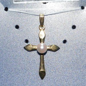 Cross Necklace Charm with Peach Pearl